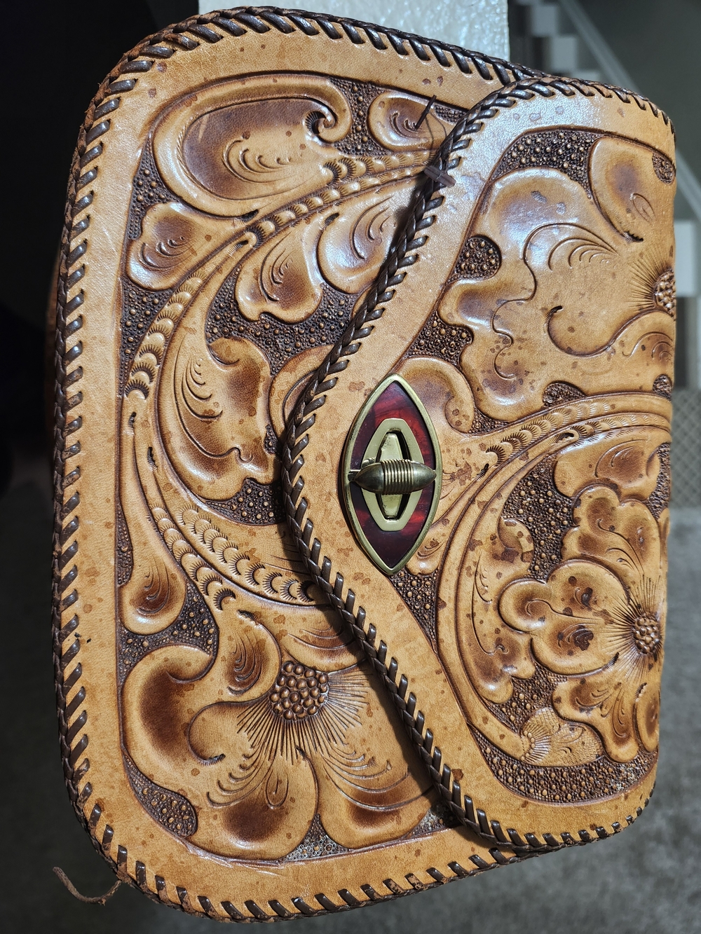 1940s Vintage Hand-Tooled Floral Leather Crossbody Bag